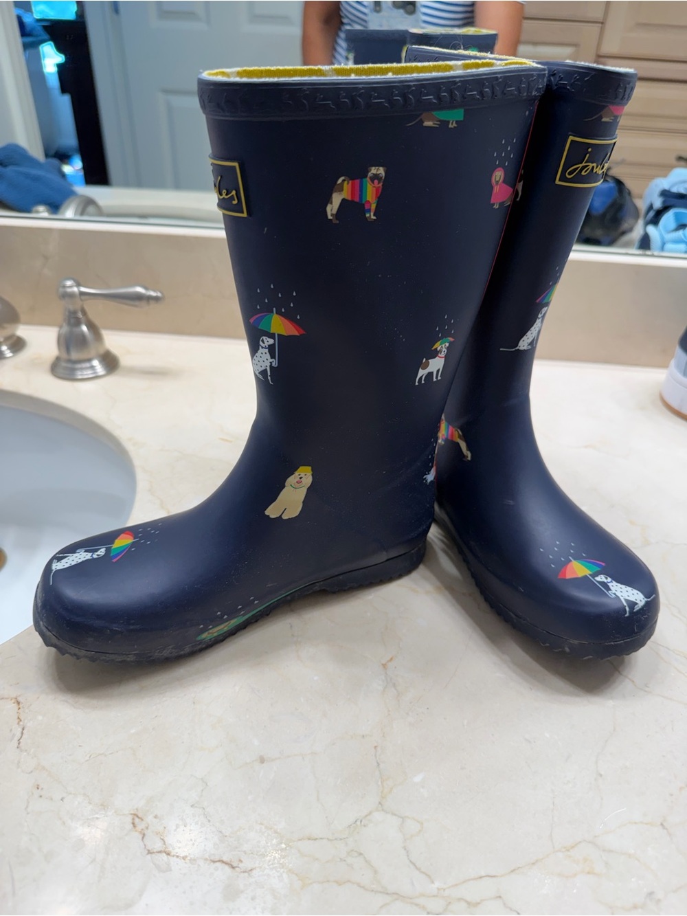 Joules Navy Rain Boot with Yellow Bone Liner and Multicolor Dog Detail